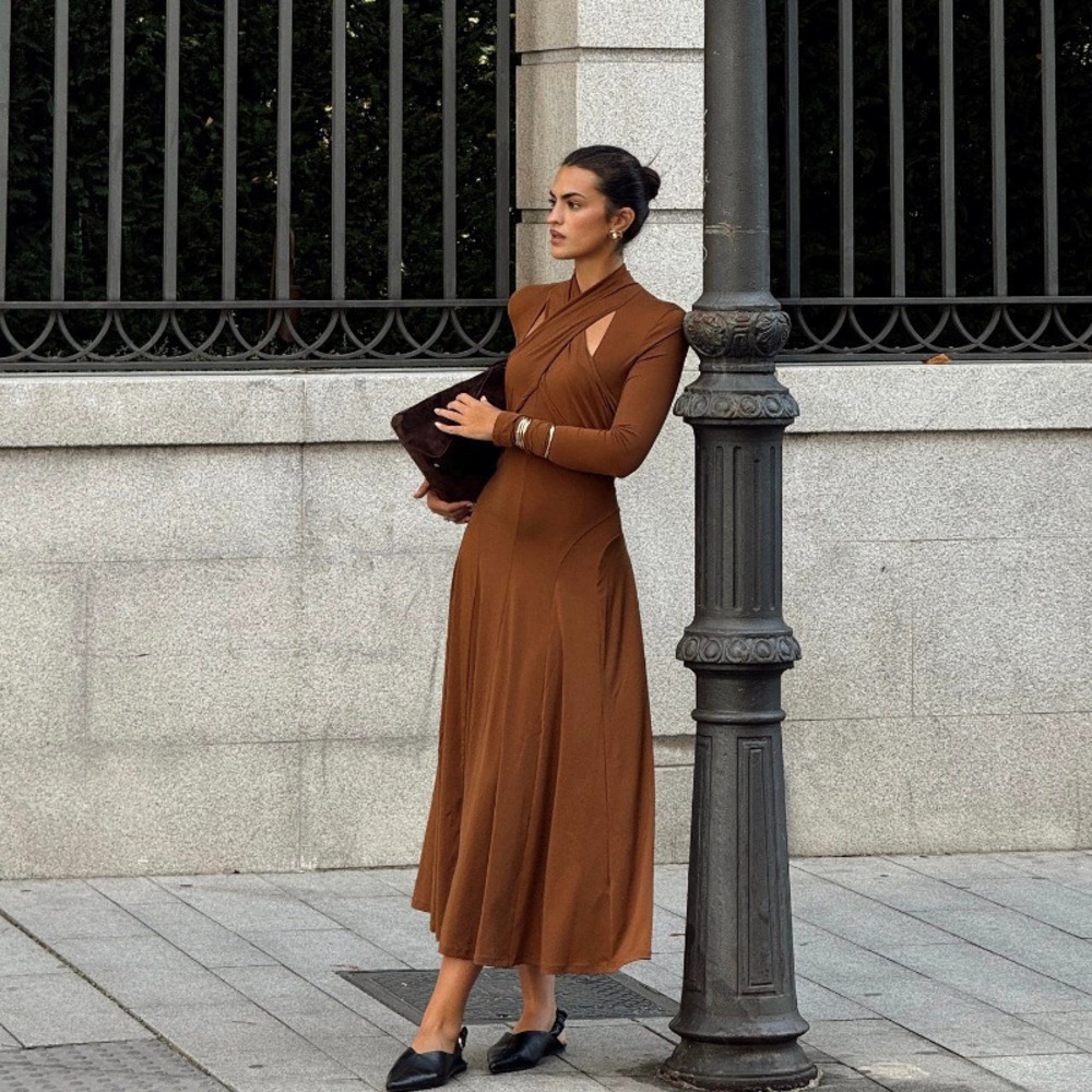 ZARA Fall Style Elegant Slim Fit Solid Color Halter Neck Long Sleeve Dress